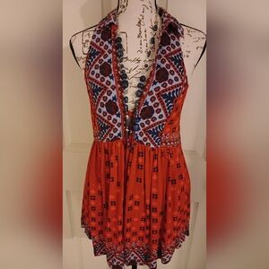 5/$25 Free People Red Tunic with Blue and White Patterns